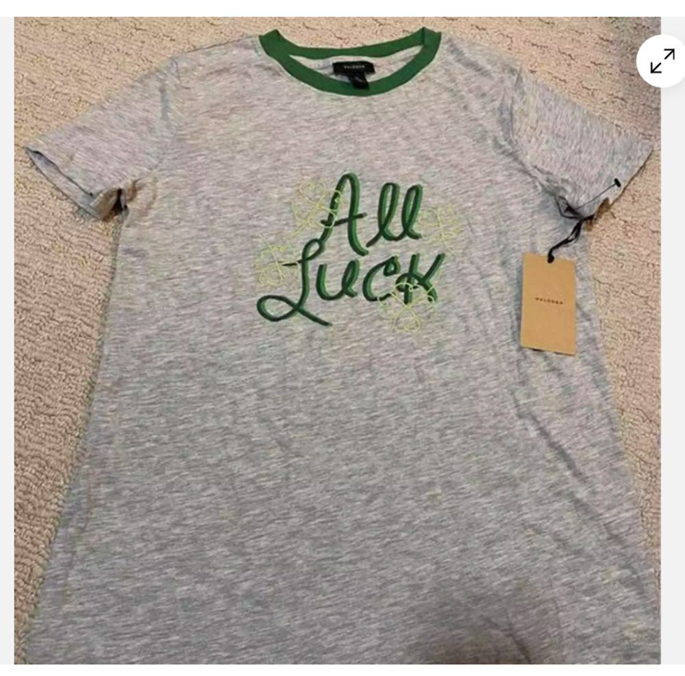 Women’s Halogen All Luck Tee Tshirt Gray Green 4 leaf clover Short Sleeve IRISH